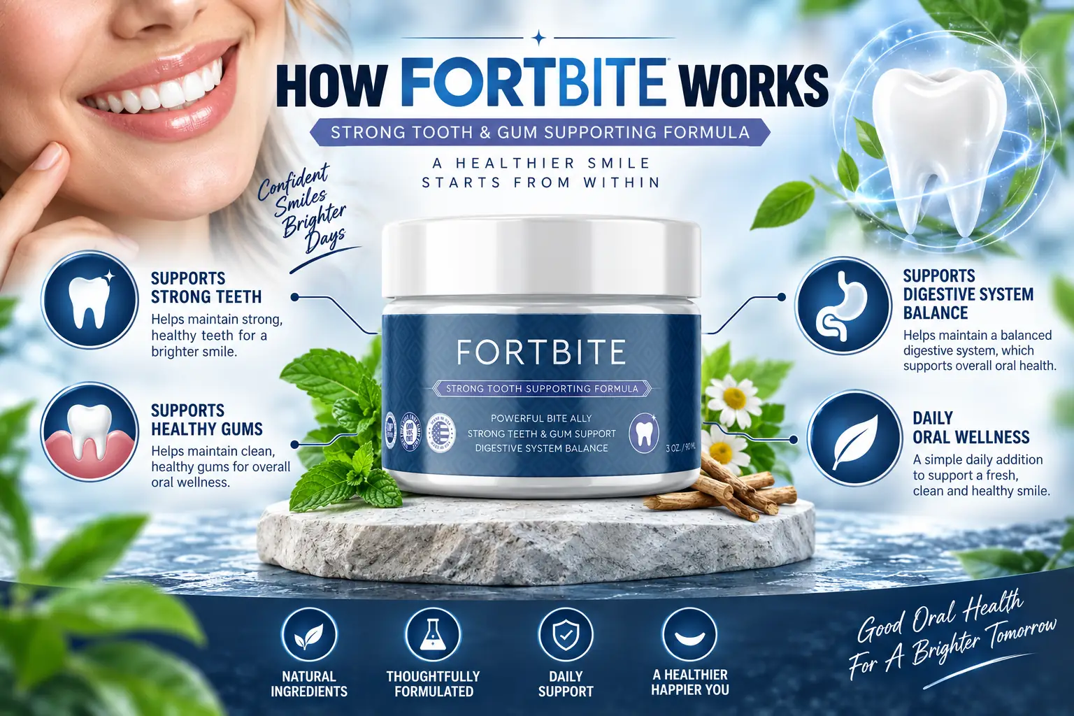 How FortBite works: strong teeth, healthy gums, digestive system balance, daily oral wellness